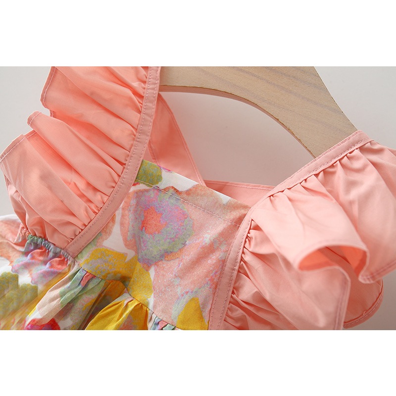 Summer New Colorful Flower Sleeveless Baby Girl Dress Solid Color Small Flying Sleeves Beach Party Children's Clothing Send Hat (0-3 Years Old)_voghion.com