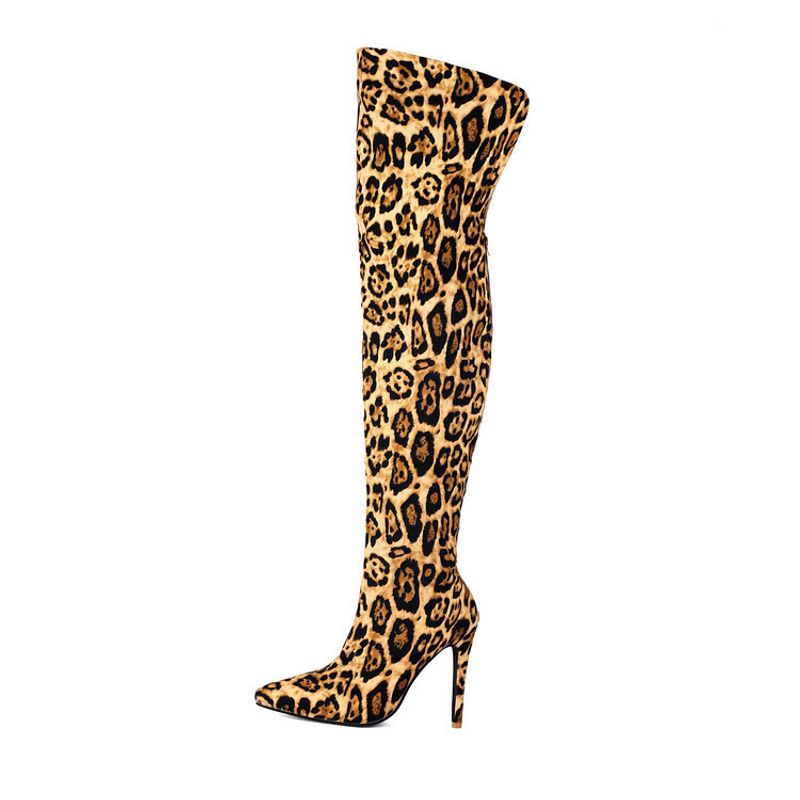 Autumn and winter high heels Pointed leopard print over knee cover legs slimming elastic boots large size 40-47 women's_voghion.com