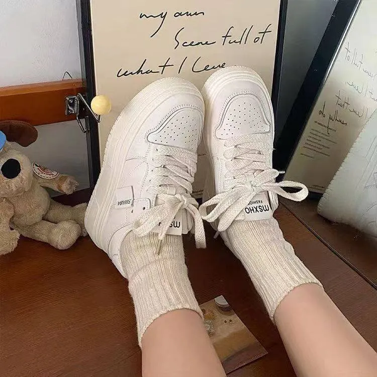 Zapatos blancos de suela gruesa para mujer, 2024, versátiles, de tiro alto, informales, para estudiantes, LHShoe_voghion.com