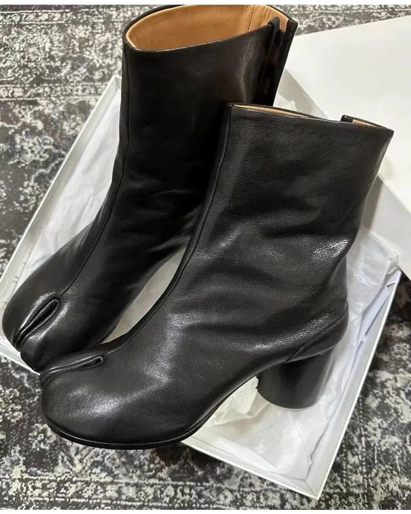 Women Ankle Boot Fahion Autumn Winter Soft Leather Split Toe Tabi Thick High Heel Chunky Shoe In Style Short_voghion.com