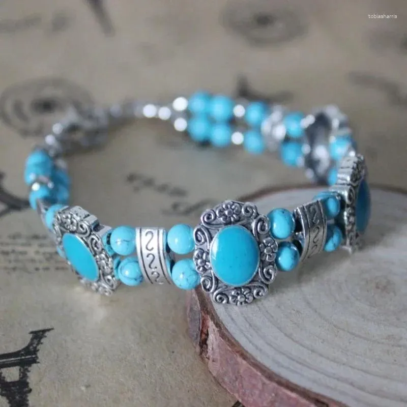 Bangle Women Fashion Vintage Ethnic Bracelet Korean Edition Double Layer Handicraft Retro Rowed Turquoise Accessories_voghion.com