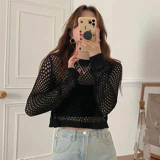 Vente chaude Chemisier Femme Col Ras Du Cou Tricot Protection Solaire Tissu Maille Respirant Mince T-Shirts À Manches Longues_voghion.com
