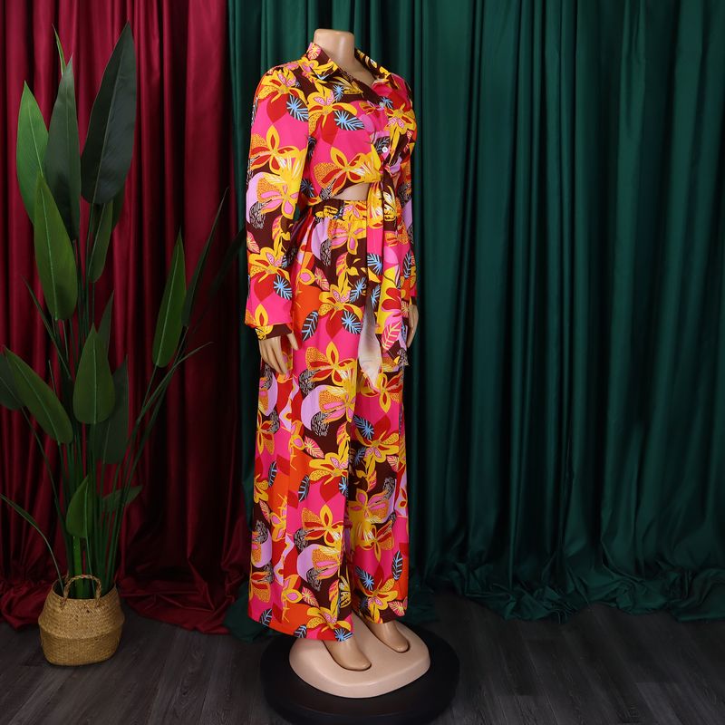 Women's Fashion Print Two-piece Lapel Tie Shirt Wide Leg Pants Suit_voghion.com