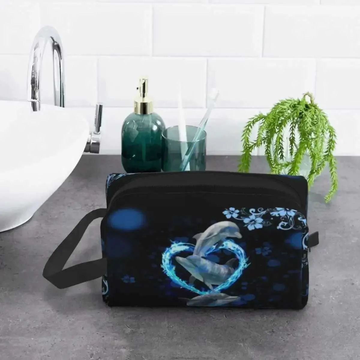 Beauty case a forma di delfino, blu, con animale marino, acqua, balena, organizer per cosmetici e trucchi, da donna, kit di bellezza Y241023_voghion.com