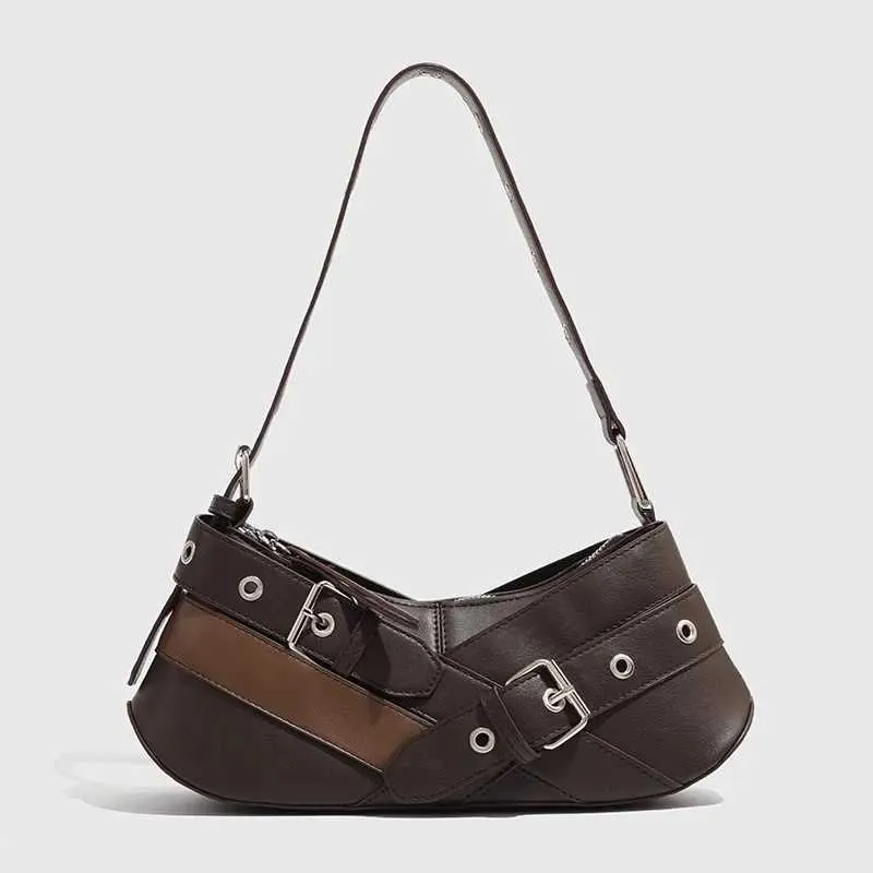 Retro belt decoration shoulder designer armrest punk motorcycle bag Pu leather womens handbag Y241216_voghion.com
