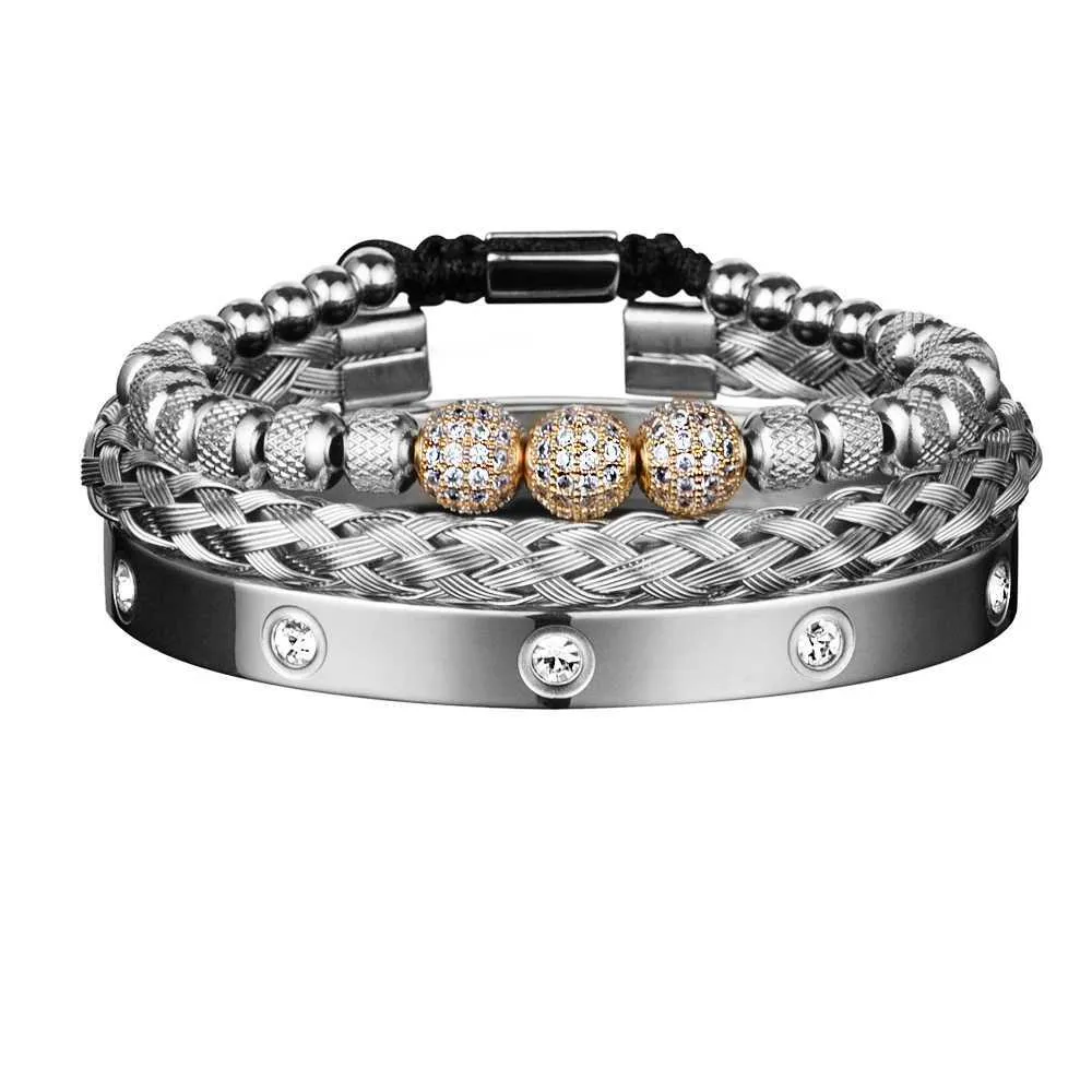 Pulseira 3 Deluxe Micro Pay CZ Contas Redondas Royal Charm Pulseira Masculina de Cristal em Aço Inoxidável Casal Joias Feitas à Mão Presentes_voghion.com