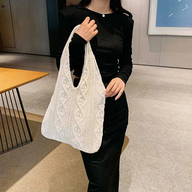 New Vintage Wool Knitted Hand Woven Shoulder Bag For Women Casual Shopping Handbag Large Capacity Female hetC241105_voghion.com