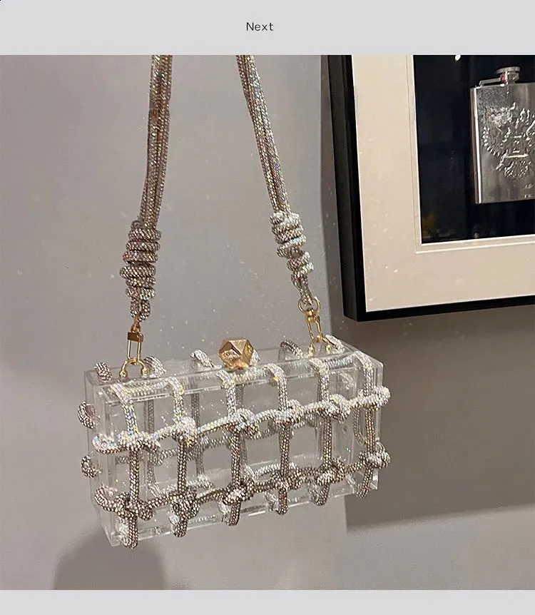 Dia átlátszó akril dobozos esti kuplungtáskák női butik szőtt csomózott kötél rhie pénztárcák és kézitáskák esküvői parti_voghion.com