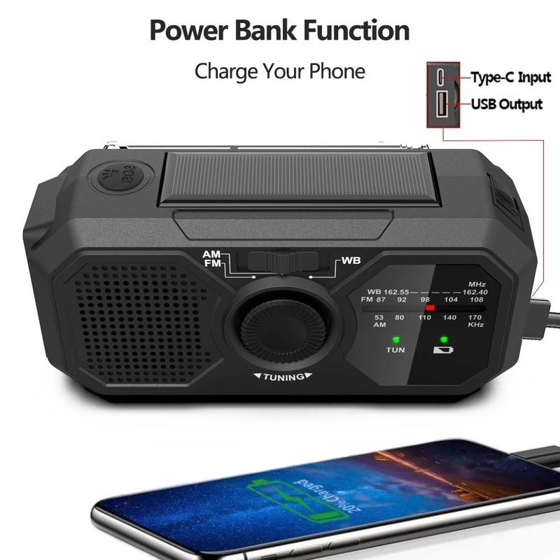 Rádio FM AM sem fio recarregável portátil com energia solar para exterior 1200mAh com lanterna de banco de energia Rádio FM_voghion.com