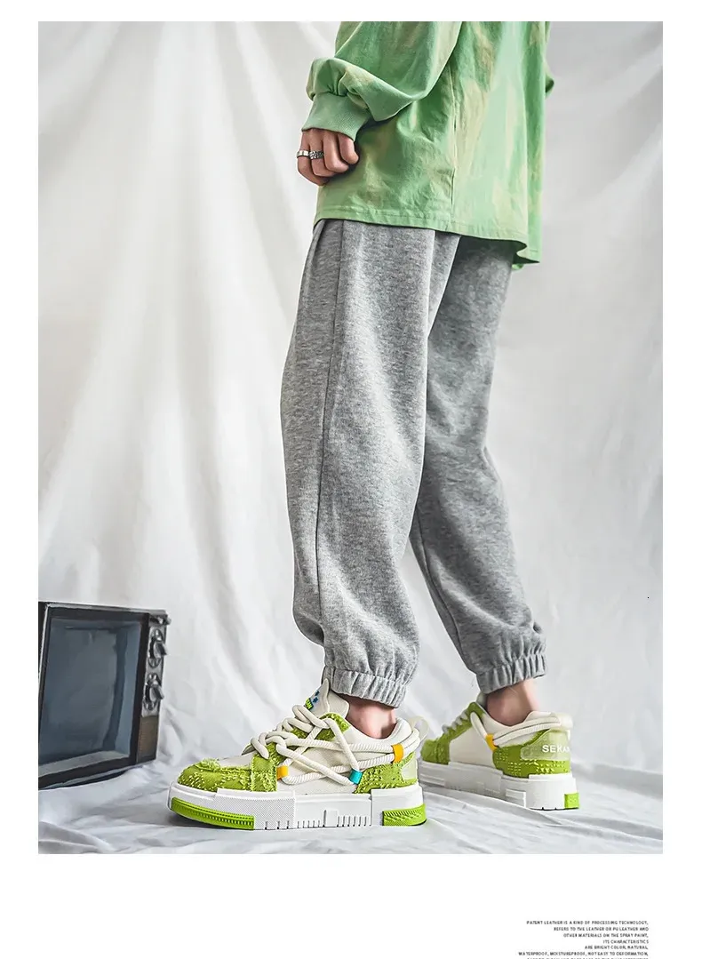 Chaussures de skateboard à lacets en toile vulcanisée à plateforme verte pour homme, baskets basses de tennis décontractées pour hommes 240704_voghion.com