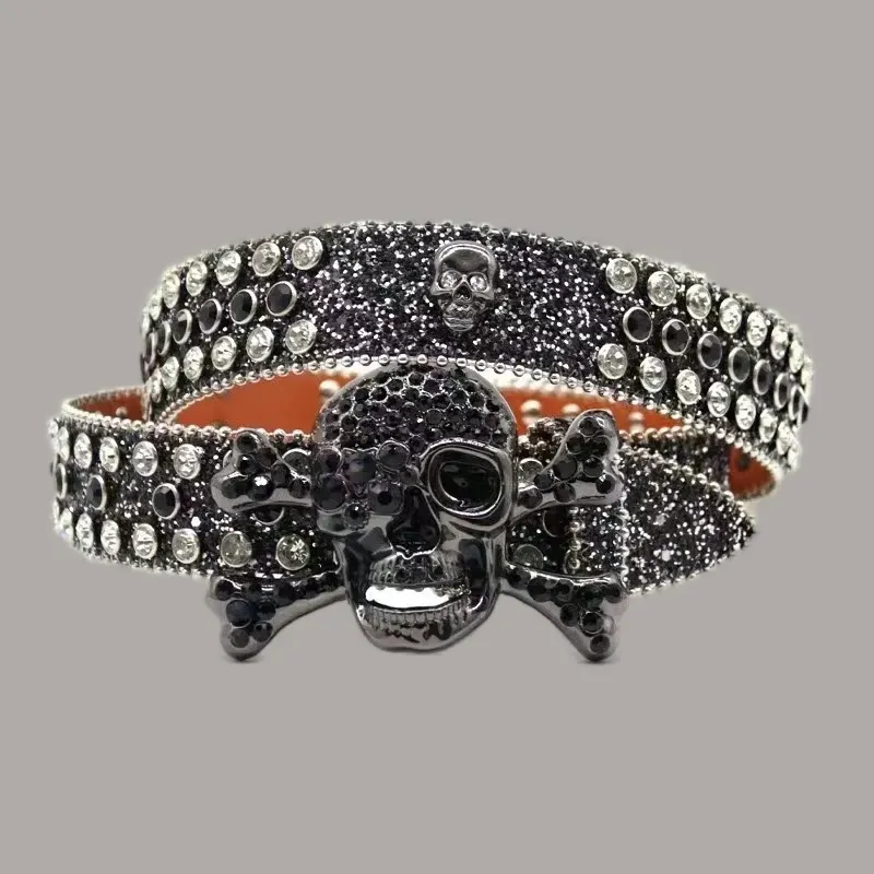 Casual for men designer bronze buckle leather green purple shiny diamonds bb belt exquisite cintura donna skull shape_voghion.com