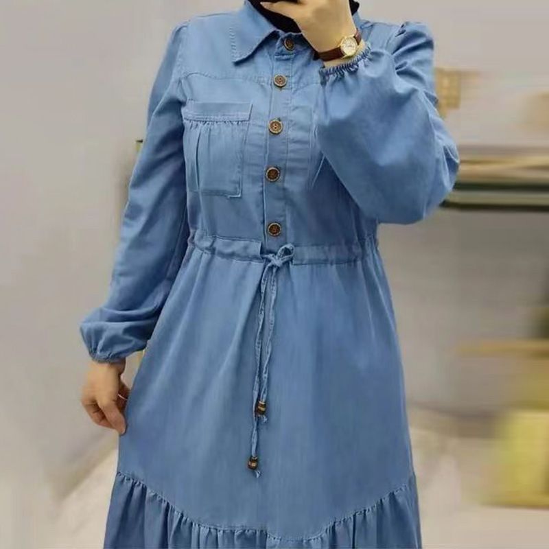 Blo Patchwork Maxi Dubai Tierkesch Kleeder Modesch Elegant Denim Kleed fir Fraen_voghion.com