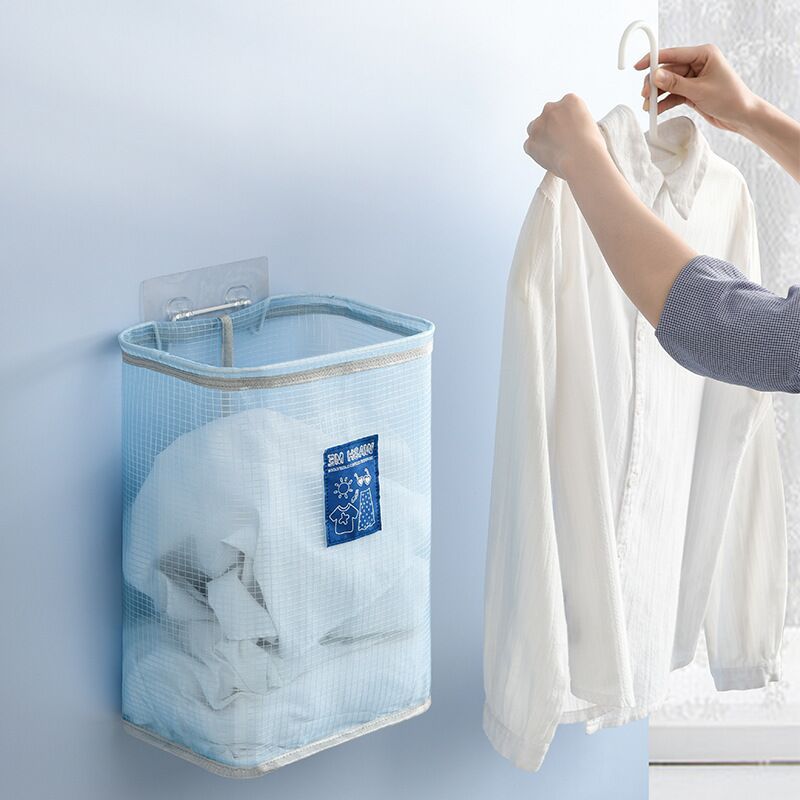 Wall-Mounted Laundry Basket Mesh Bag Foldiable Laundry Basket Adhesiv Dirty Clothes Storage Bag Children Toy Storage Bucket_voghion.com