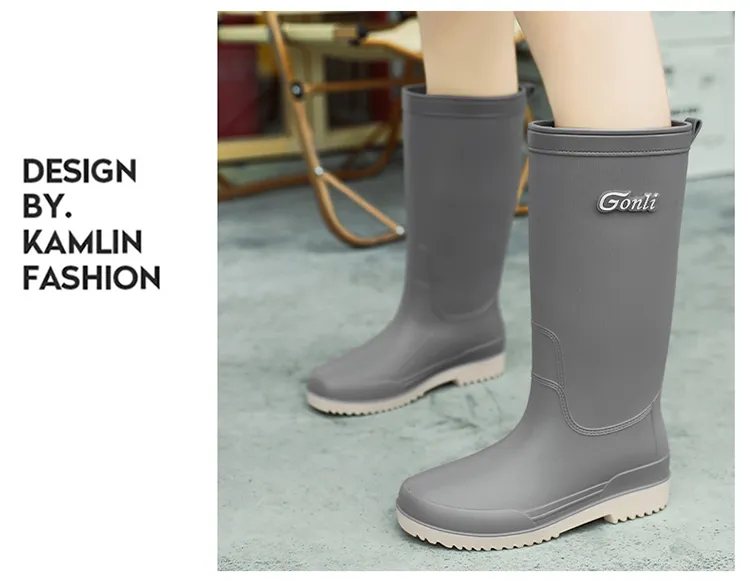 2025 Damen Lange Dicke Sohle Mode Gummistiefel Neue Waterproonti Slip High Tube Regenschuhe Reine Farbe Ruiba X560_voghion.com