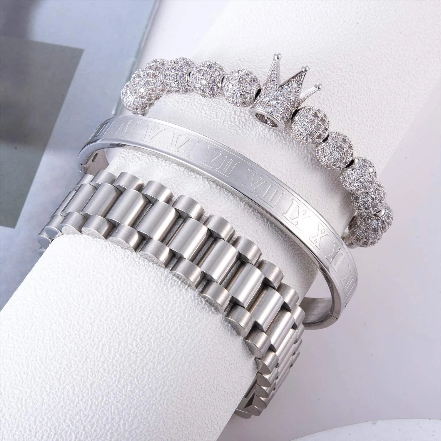 Mens Two-tone Crown Charm Bracelet Set 3 Piece Gold Cuff Bangle_voghion.com