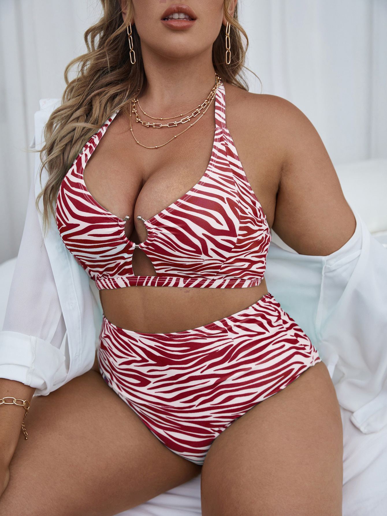 Women's large size striped print multi-color high waist backless lace-up hollow sexy split bikini women_voghion.com