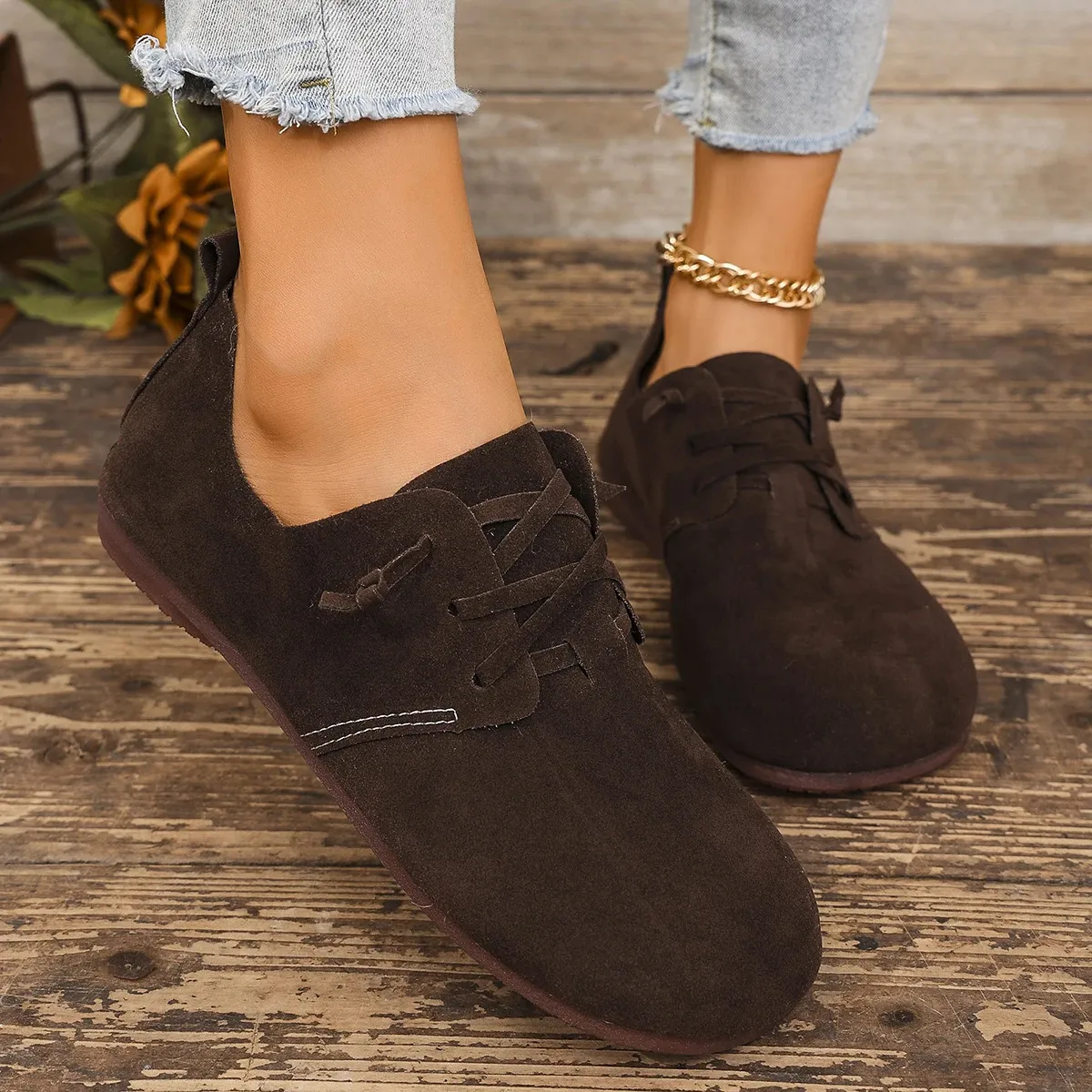 2025 Spring Womens Flat Fashion Round Toe Flats Lightweight Lace-up Sofe Single Shoes Outdoor Casual Sneakers atos_voghion.com