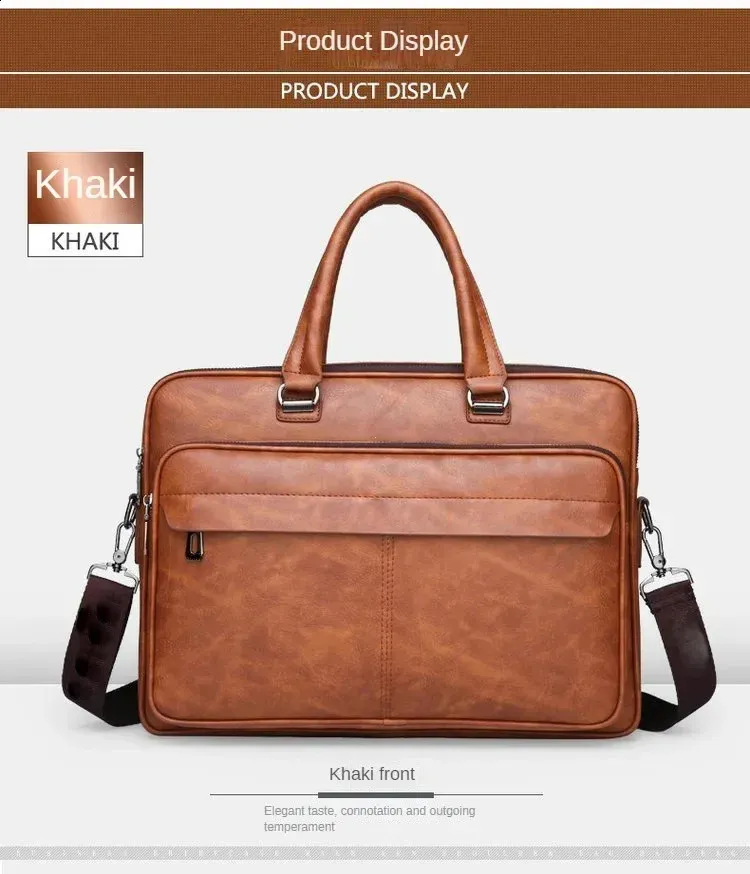 Sac à bandoulière en cuir PU grande capacité, portable, décontracté et étanche, pour hommes, porte-documents, sac pour ordinateur portable 240813_voghion.com