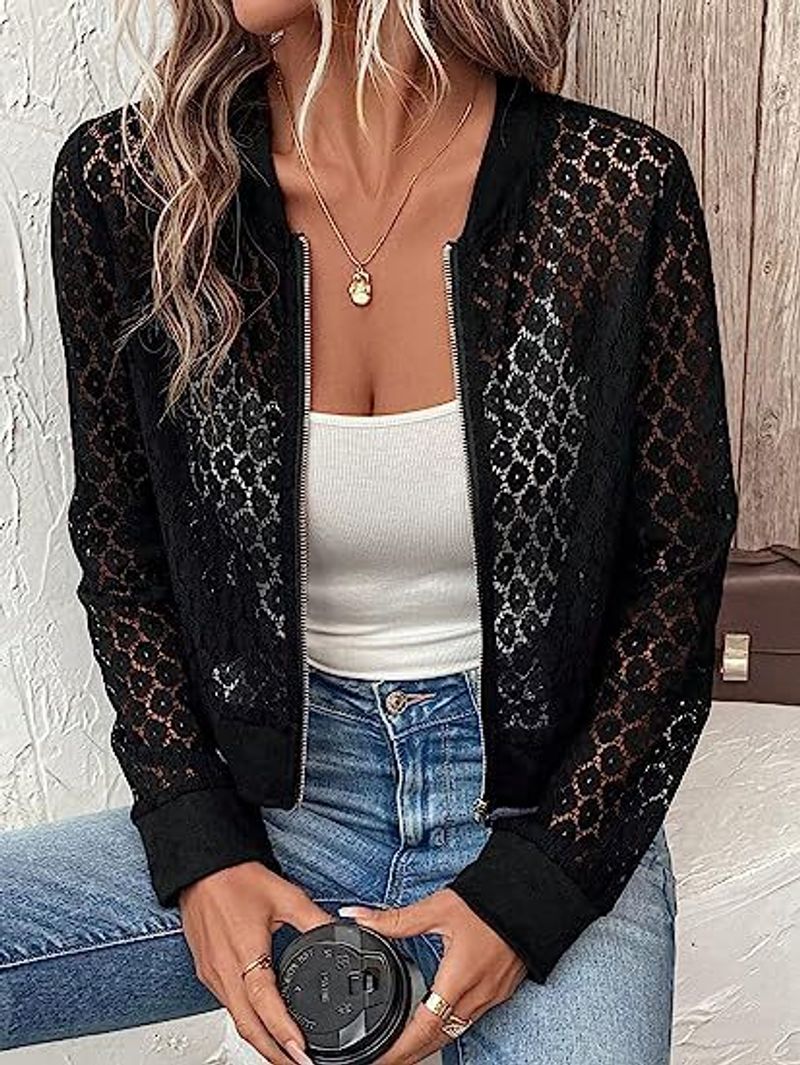 Women's clothing transparent lace long-sleeved zipper front baseball collar pilot jacket cross-border outerwear_voghion.com