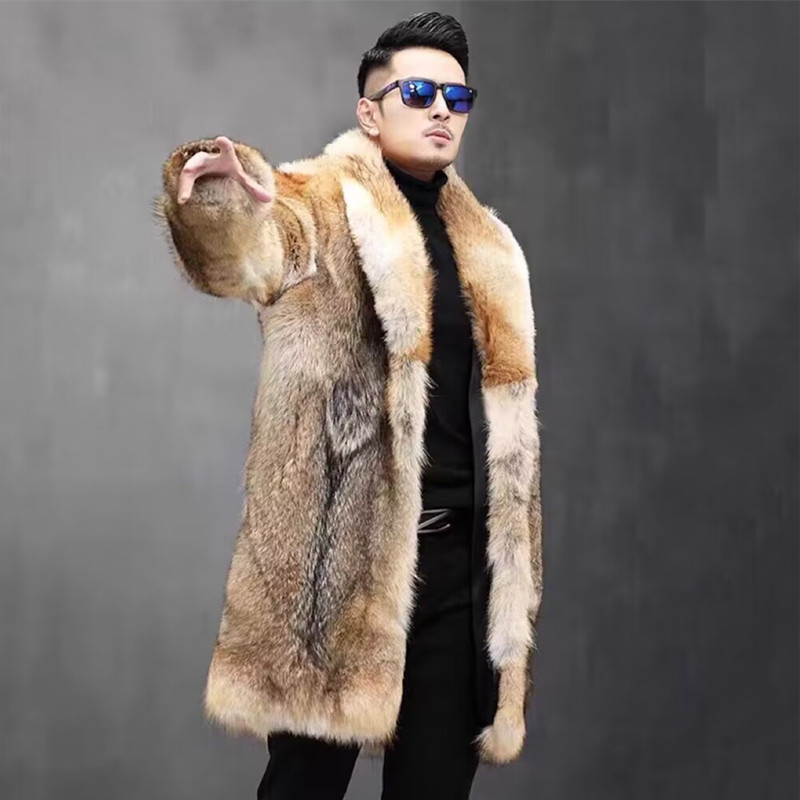 Men's Clothing Men's Long Faux Wolf Fur Coat - Fashionable Business Overcoat With Notched Lapel & Thickened Lining (Tri-Color Jacquard, S-XXXL)​