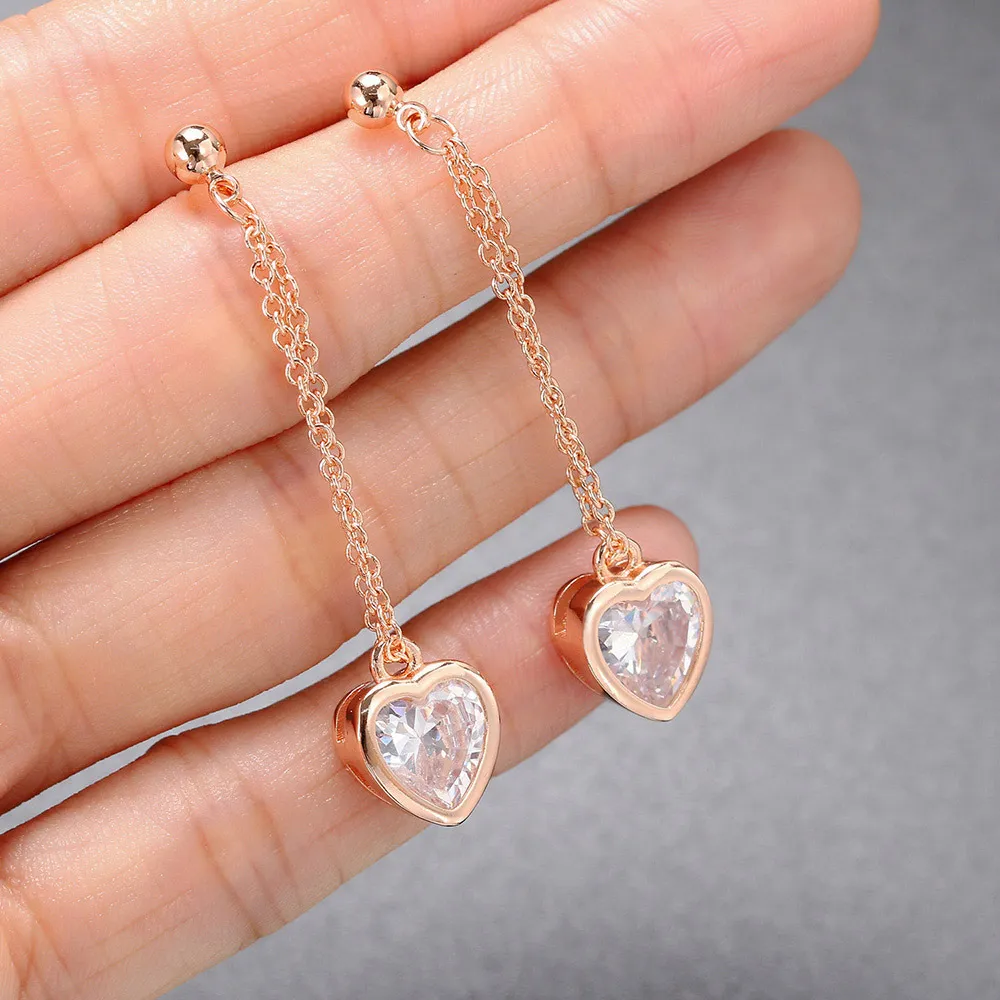 Collana e orecchini con ciondolo a forma di cuore minimalista in zircone per donna, set di gioielli di fidanzamento placcati in oro_voghion.com