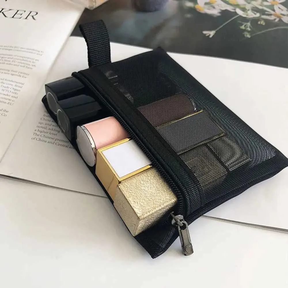Nouveau petit sac de rangement de toilette de voyage portable en maille transparente noire pour cosmétiques Y241023_voghion.com