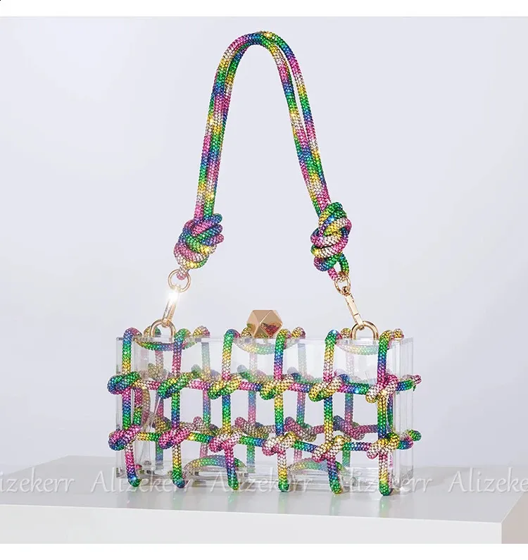Bolsos de mano de noche con caja de acrílico transparente Dia para mujer, bolsos de mano y carteras de mano con cuerda anudada tejida, para bodas y fiestas_voghion.com