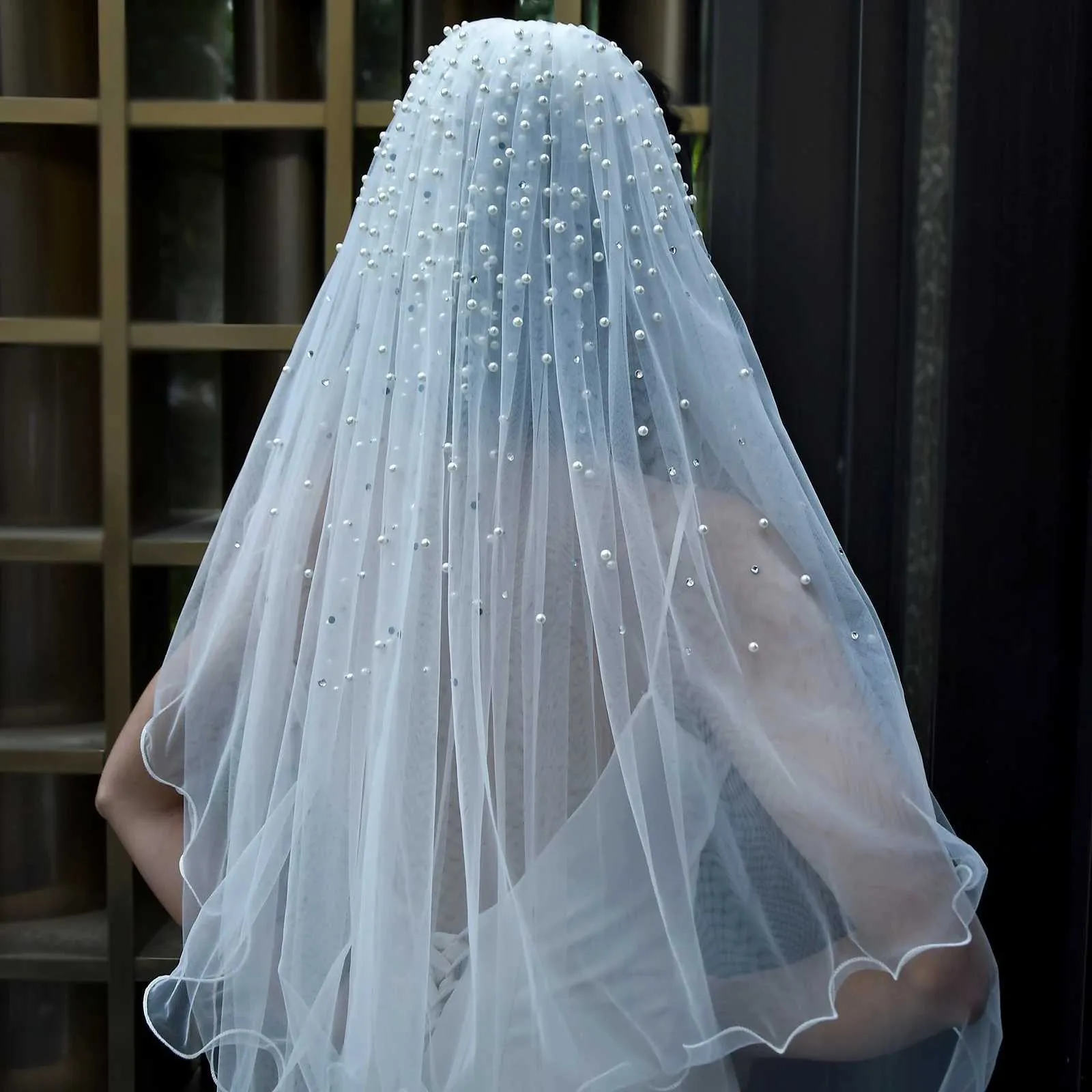Hair Jewelry MZA32 2 Tier Veil With Blusher Pearls Bridal Veils Elbow Length Wave Pencil Edge Soft Wedding Accessories_voghion.com