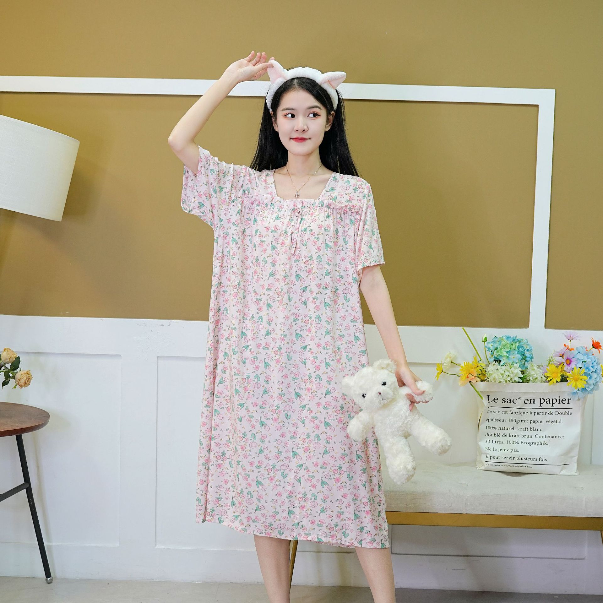 Indumenti da notte da donna Camicia da notte in cotone e seta da donna, dolce, carino, sottile, da indossare per la casa, gonna a maniche corte di grandi dimensioni_voghion.com