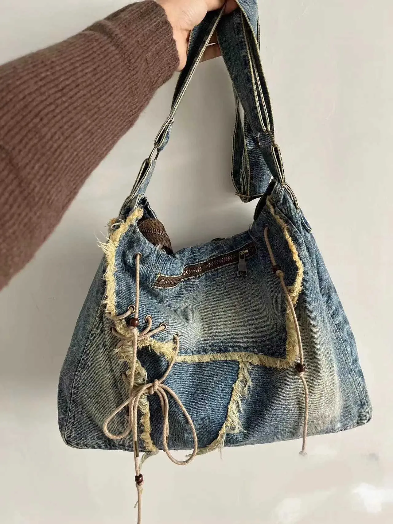 Washed Denim Jeans Casual Totes For Women Shoulder Bags Soft Student Large Capacity Vintage Shopping Bag Female Handbags_voghion.com