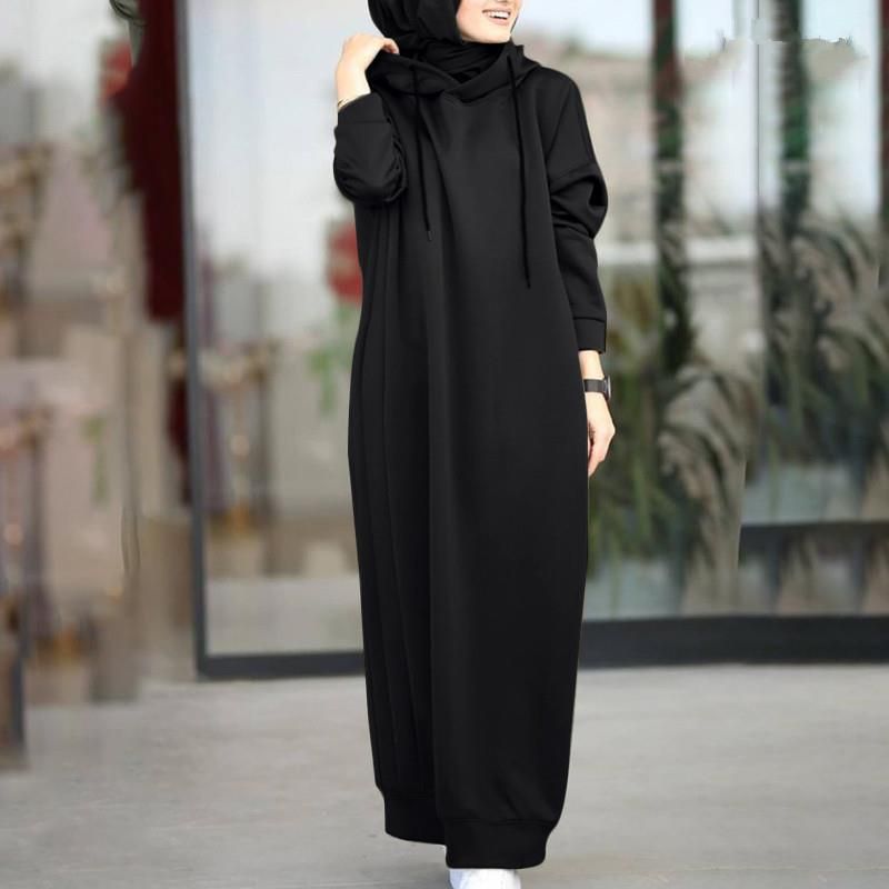 Damenbekleidung Muslimische Herbstkleidung Einfarbig Pelz Plüsch Stoff Mit Kapuze Kordelzug Locker Lässig Tasche Langarm_voghion.com