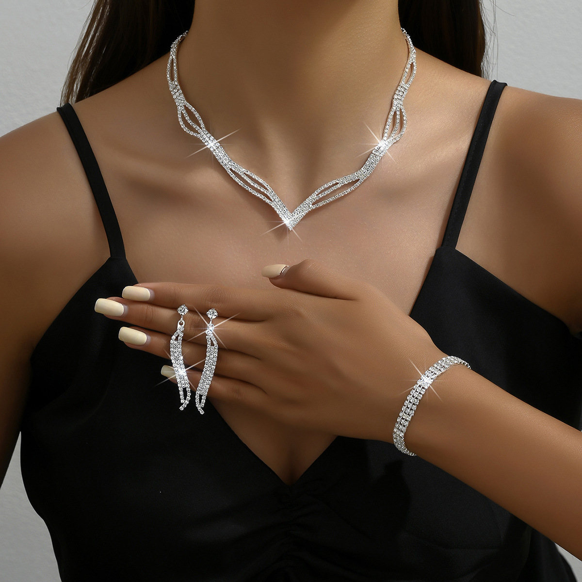 Bride Jewelry Necklace, European and American Three Piece Water Diamond Claw Chain Jewelry Set, Women's Fashionable Jewelry Accessories_voghion.com