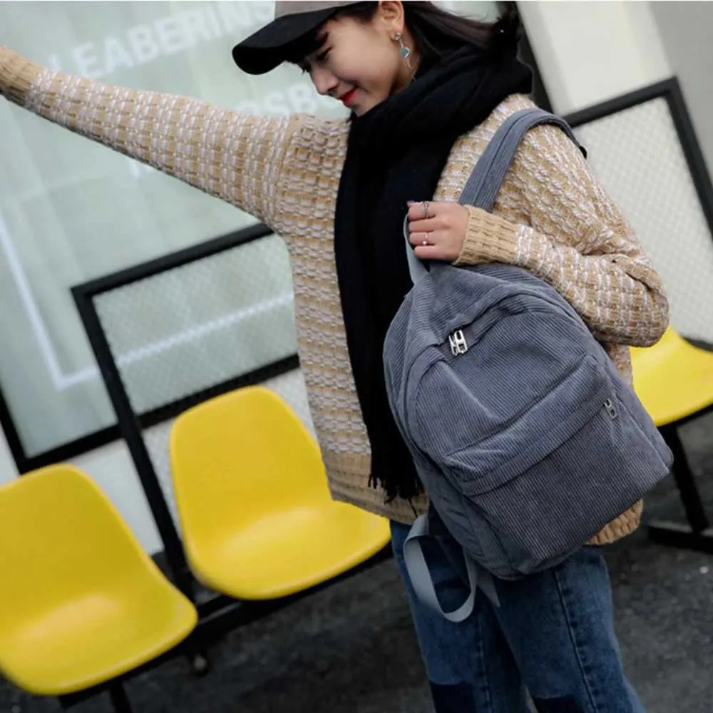 Nuova tendenza moda velluto a coste college donne tinta unita scuola zaino viaggio borse a tracolla per adolescenti C241011 C241011_voghion.com