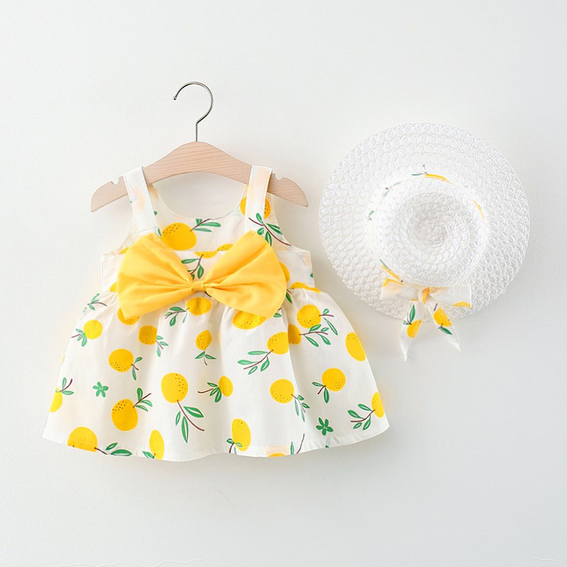 Infant Sling Dress Back Bow Baby Girl Dress Cotton Breathable Baby Clothes Fruit Pattern Sleeveless Mini Dress Set Hat For Girls_voghion.com