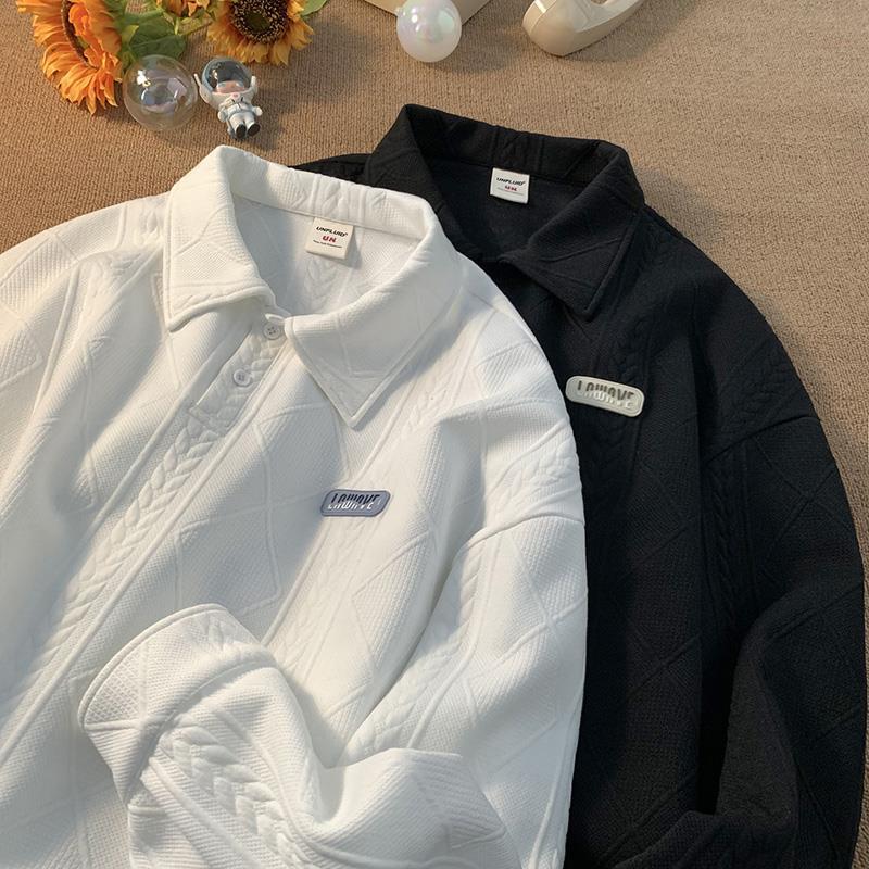 New retro polo collar sweatshirt for men in autumn and winter, loose and high-end, college style lapel jacket_voghion.com