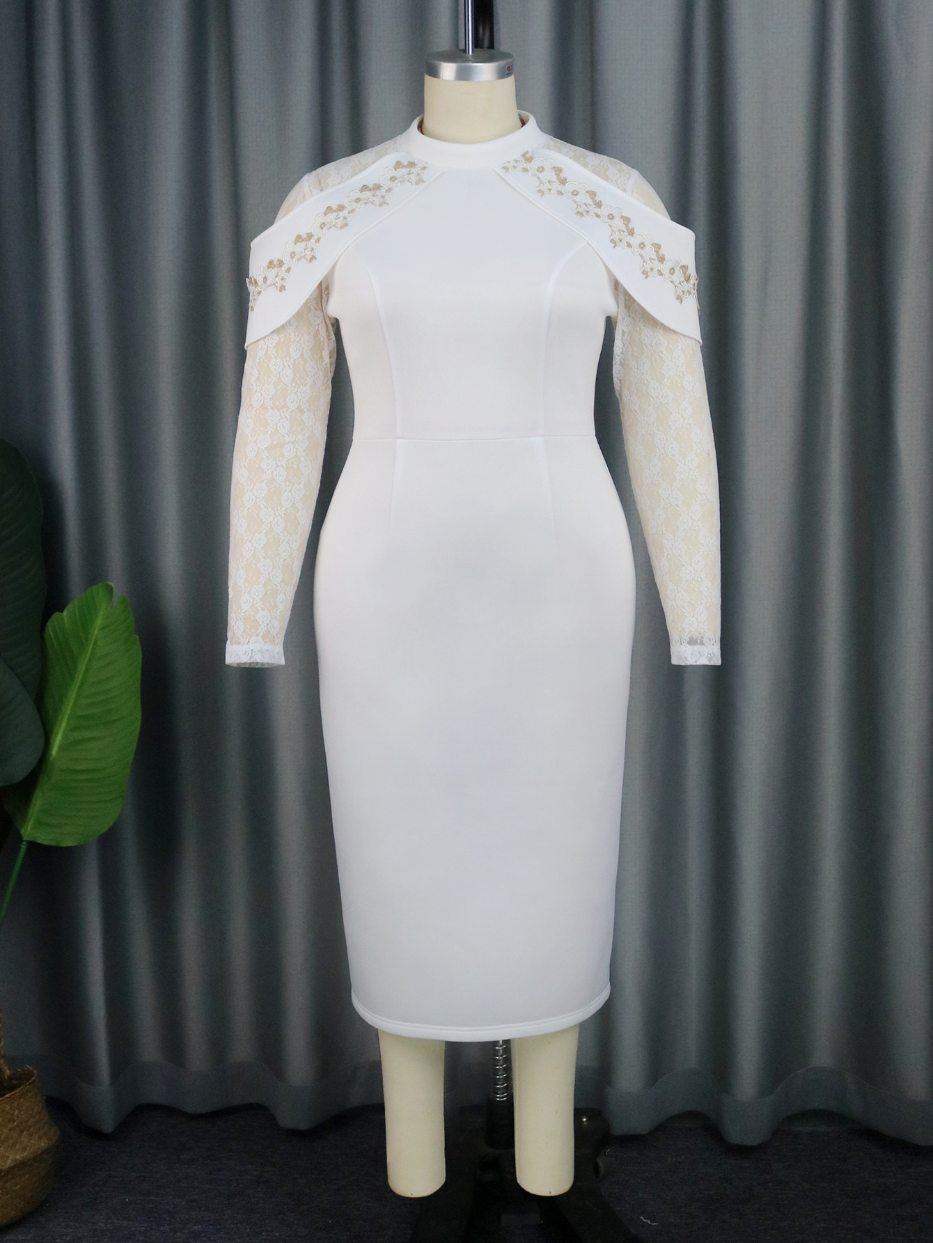Women's flower lace dress, elegant temperament, small stand-up collar, waist-length skirt, dress_voghion.com