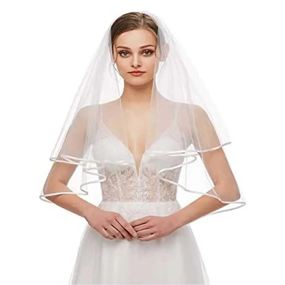 Gioielli per capelli da sposa, da donna, semplici, in tulle, con velo corto e bordo in raso, con pettine, per matrimonio, addio al nubilato_voghion.com