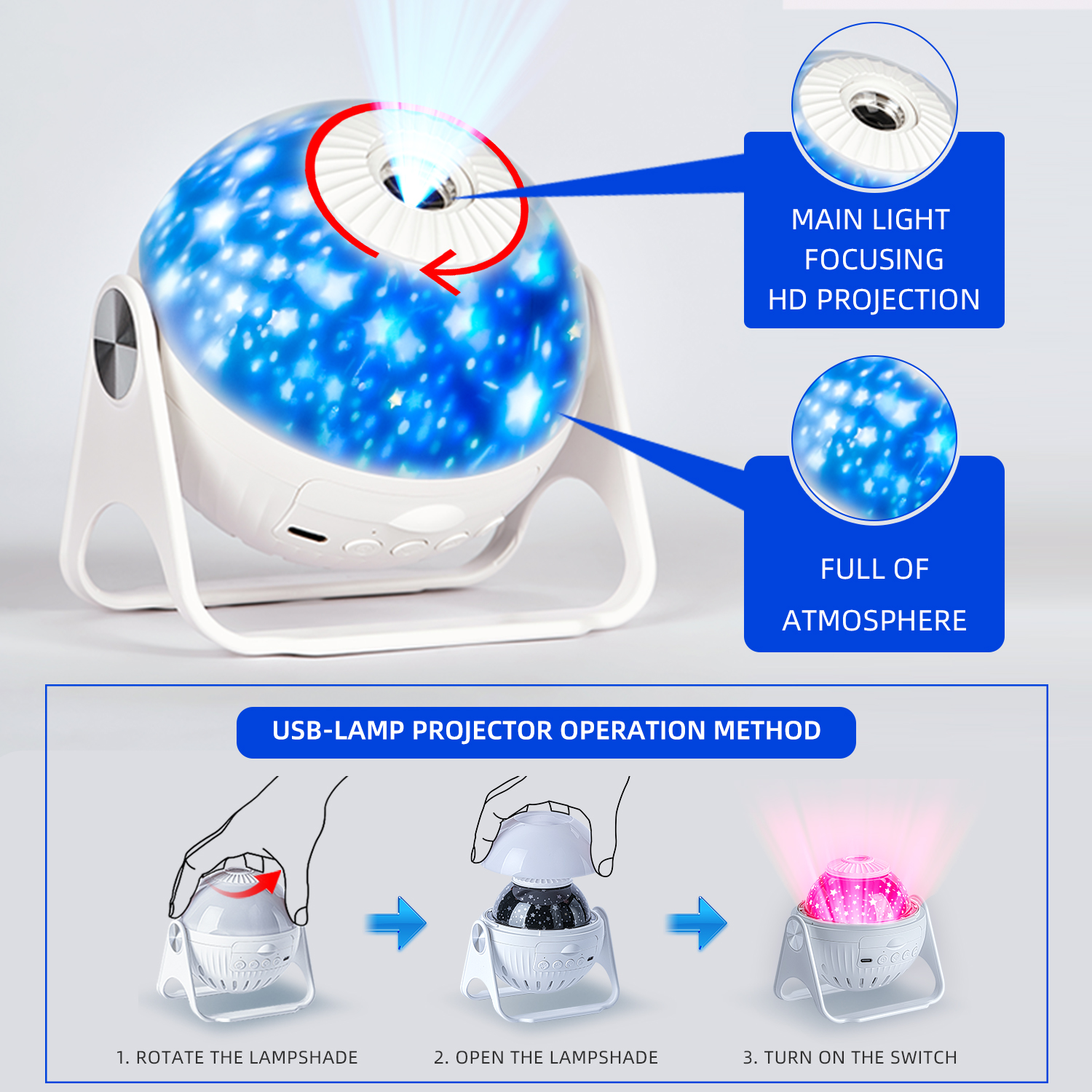 Proiettore stellare a LED Luce notturna 6 in 1 Planetario Projectionr Galaxy Starry Sky Proiettore Lampada Luci notturne rotanti USB 우주 무드등_voghion.com