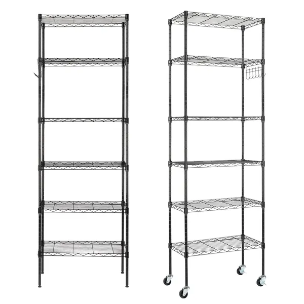 6-Tier Adjustable Layer Shelf With 6 Hooks Heavy Duty Steel Storage Rack Caster Wheels Leveling Feet 55x30x165cm Black_voghion.com