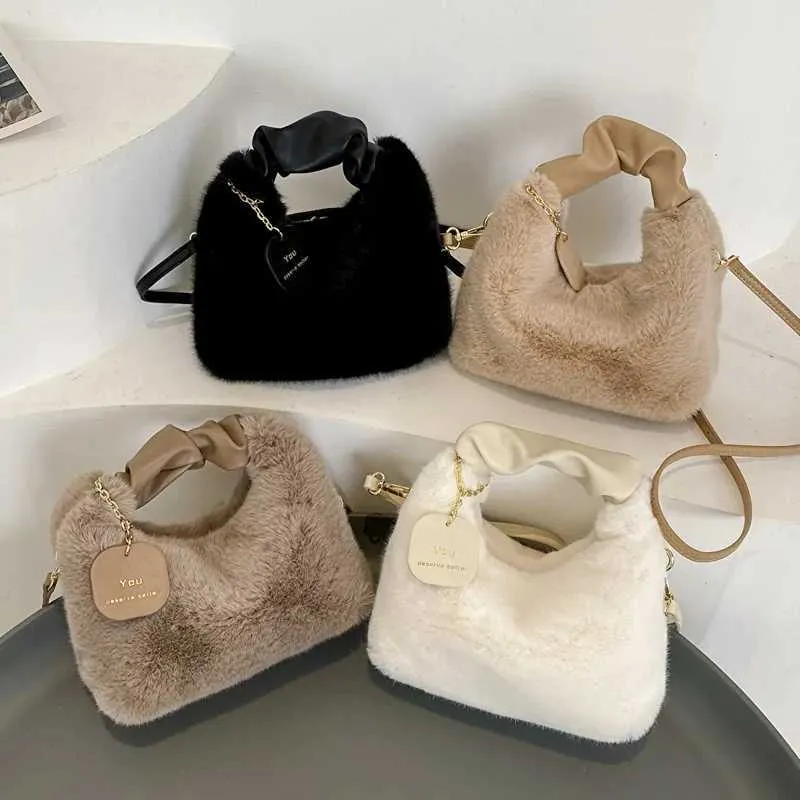 Wan Soft Plush Handbag New Fi Autumn/Winter Korean Edition Simple Ten Font Shopping Bag Y241106_voghion.com