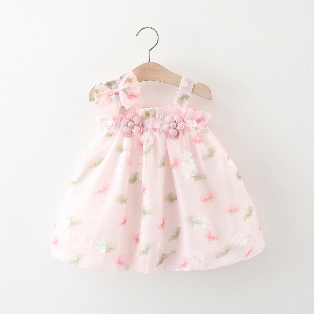 Babymeisje zomer chiffon jurk bloem geborduurd gele jurk Koreaanse stijl kinderkleding_voghion.com