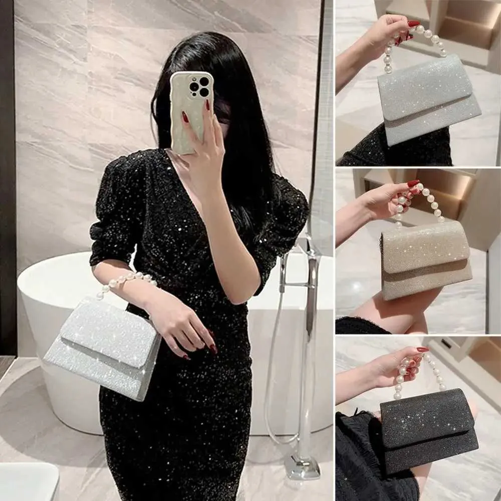 Sacs à bandoulière en chaîne de perles Sac à main Sac de soirée en soie brillante dorée Femmes Élégant Mode Banquet Pochette Femme Handba241108_voghion.com