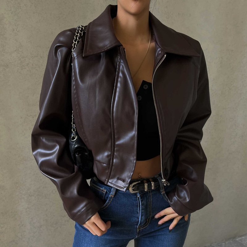 Women's clothing New retro elegant lapel zipper PU leather casual jacket jacket