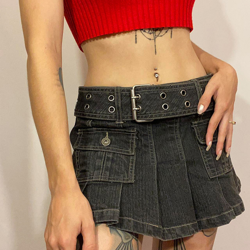 Neuer halblanger Damenrock, jugendlicher und sexy plissierter elastischer Jeansrock_voghion.com