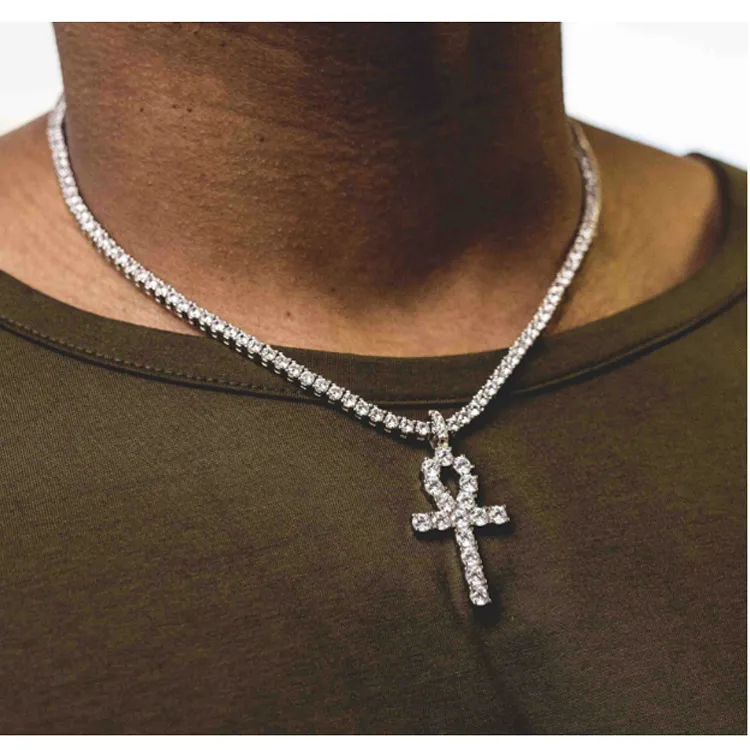 Mens Iced Out Chain Egyptian Ankh Key Pendant Necklace Hip Hop Jewelry Rhinestones Crystal Cuban Link Gold Chains_voghion.com