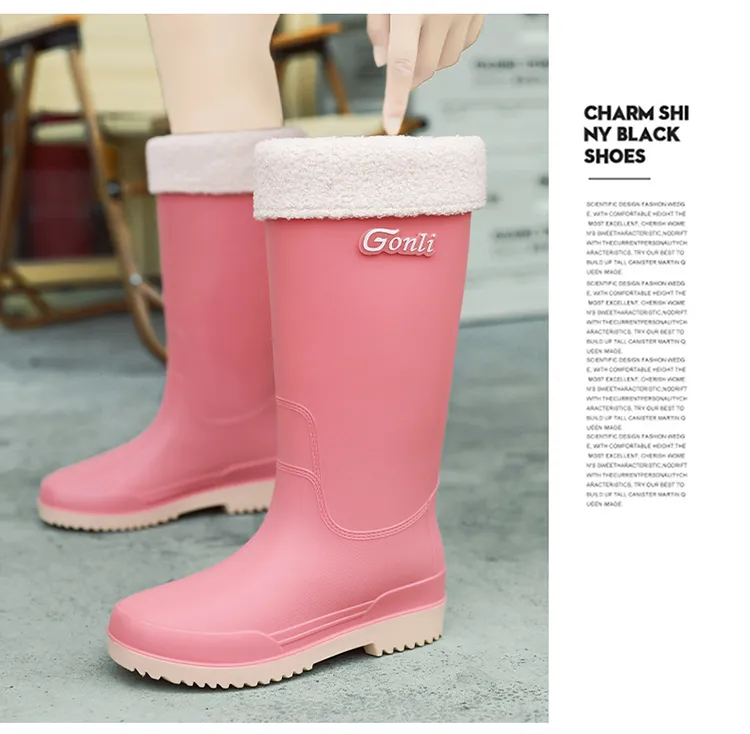 2025 Damen Lange Dicke Sohle Mode Gummistiefel Neue Waterproonti Slip High Tube Regenschuhe Reine Farbe Ruiba X560_voghion.com