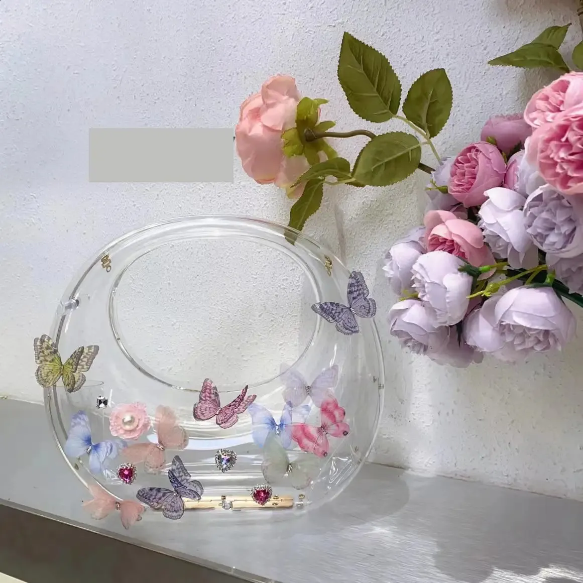 Borsa a tracolla in acrilico con decorazione a farfalla da donna, trasparente, per matrimonio, sera, festa, borsa rotonda 2024, borsa a mano 240907_voghion.com