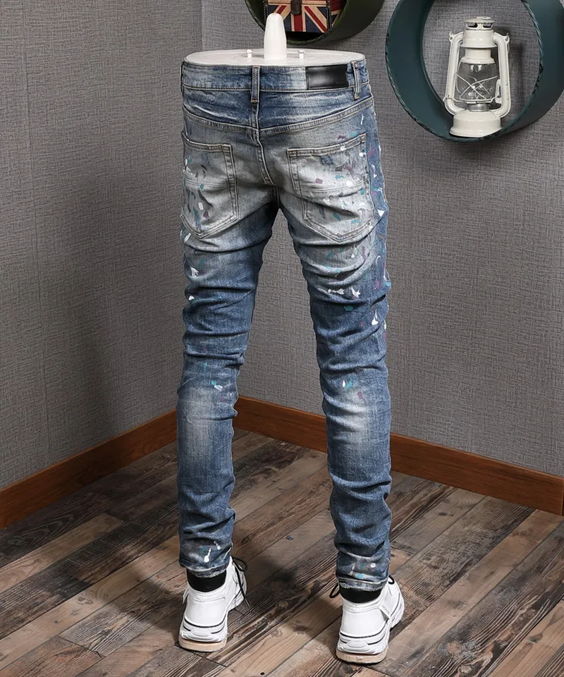 Jean en denim extensible pour homme, coupe motard, coupe slim, patch peint, jambe, pantalon de cowboy_voghion.com