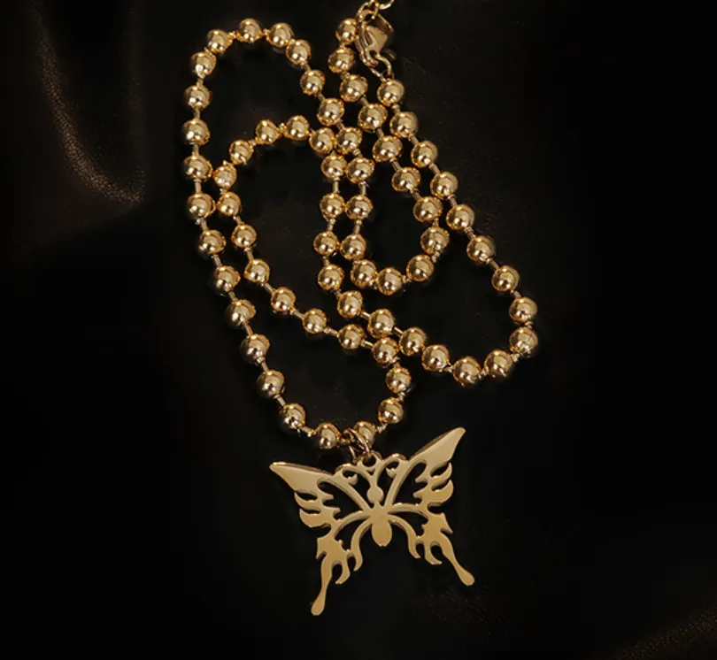 Ketten Einfache Aushöhlen Schmetterling Anhänger Runde Perlenkette Titan Stahl Halskette Für Frauen Modeschmuck_voghion.com