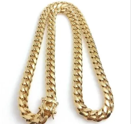 Colar de Aço Inoxidável Jóias Banhado a Ouro Alto Polimento Miami Cuban Link Homens Punk 14mm Corrente Curb Fecho Duplo de Segurança_voghion.com